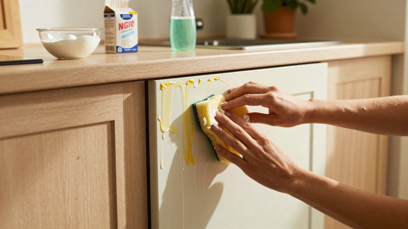 Pessoa a limpar um armário de cozinha branco com esponja e detergente amarelo.