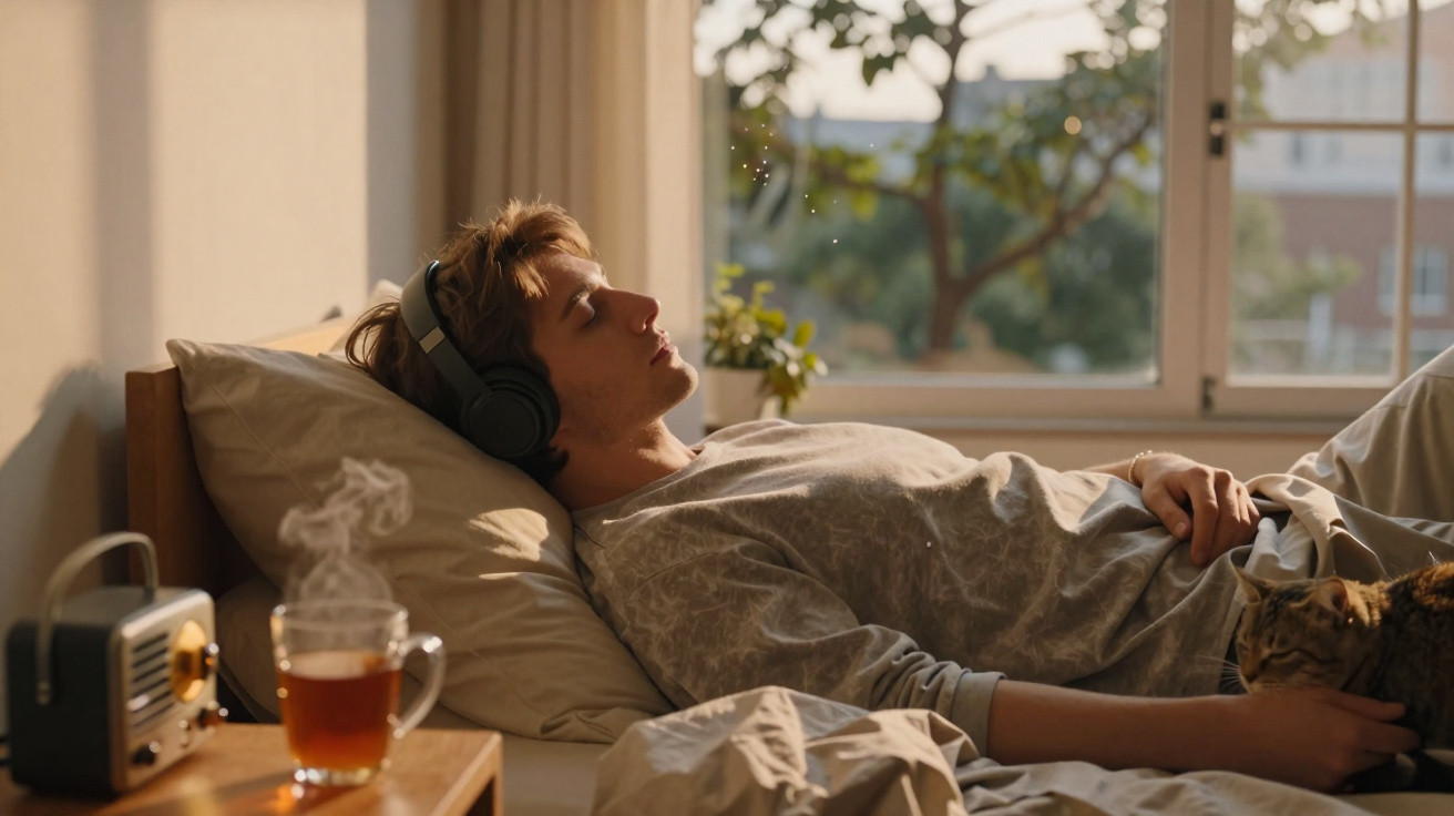 Homem deitado na cama a ouvir música com auscultadores e a fazer carinho a um gato, luz natural entra pela janela.