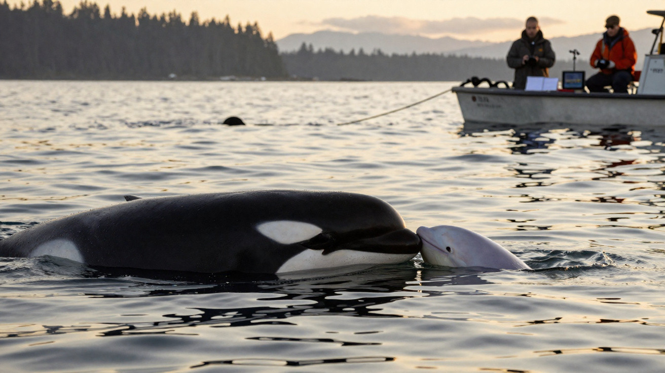 Orca e golfinho rosado junto à superfície, com barco e pessoas ao fundo num ambiente marinho ao pôr do sol.