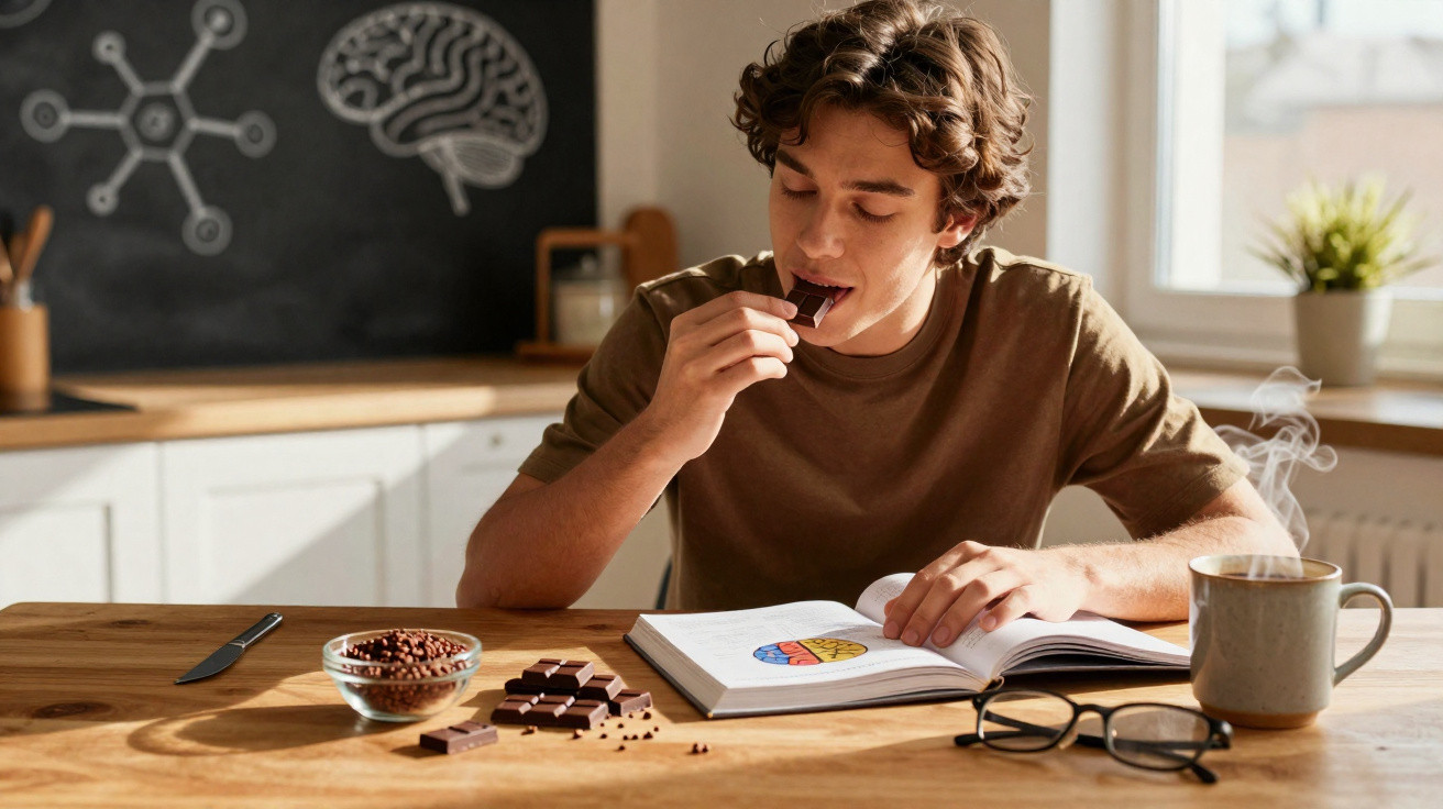 Jovem a comer chocolate enquanto estuda num livro sobre o cérebro numa cozinha iluminada.
