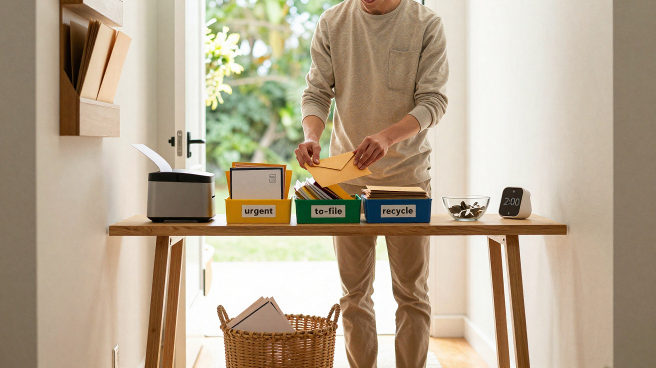 Pessoa a organizar cartas em pastas etiquetadas como urgente, para arquivar e reciclar numa mesa perto da porta.