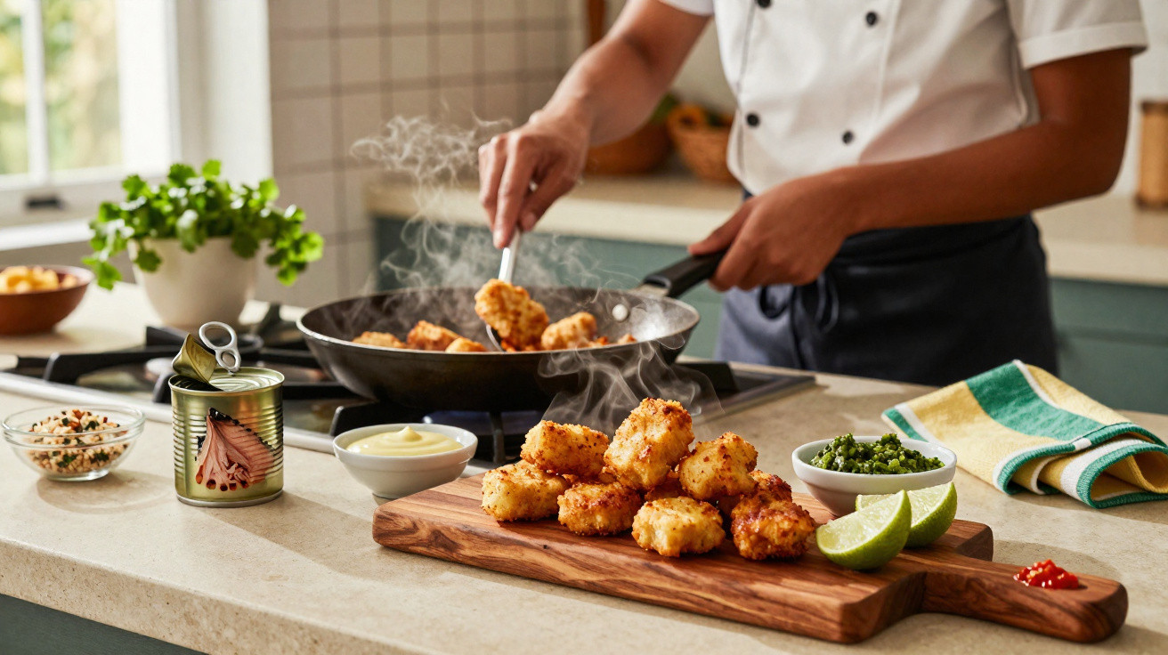 Cozinheiro a fritar croquetes numa frigideira com croquetes quentes numa tábua de madeira.