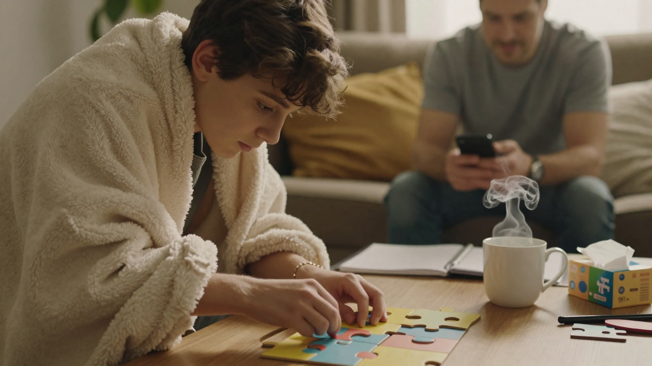 Jovem concentrado a montar puzzle numa mesa com chá quente, enquanto homem ao fundo usa telemóvel no sofá.