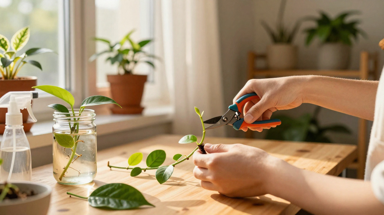 Mãos a podar e preparar mudas de plantas verdes num ambiente interior iluminado por luz natural.