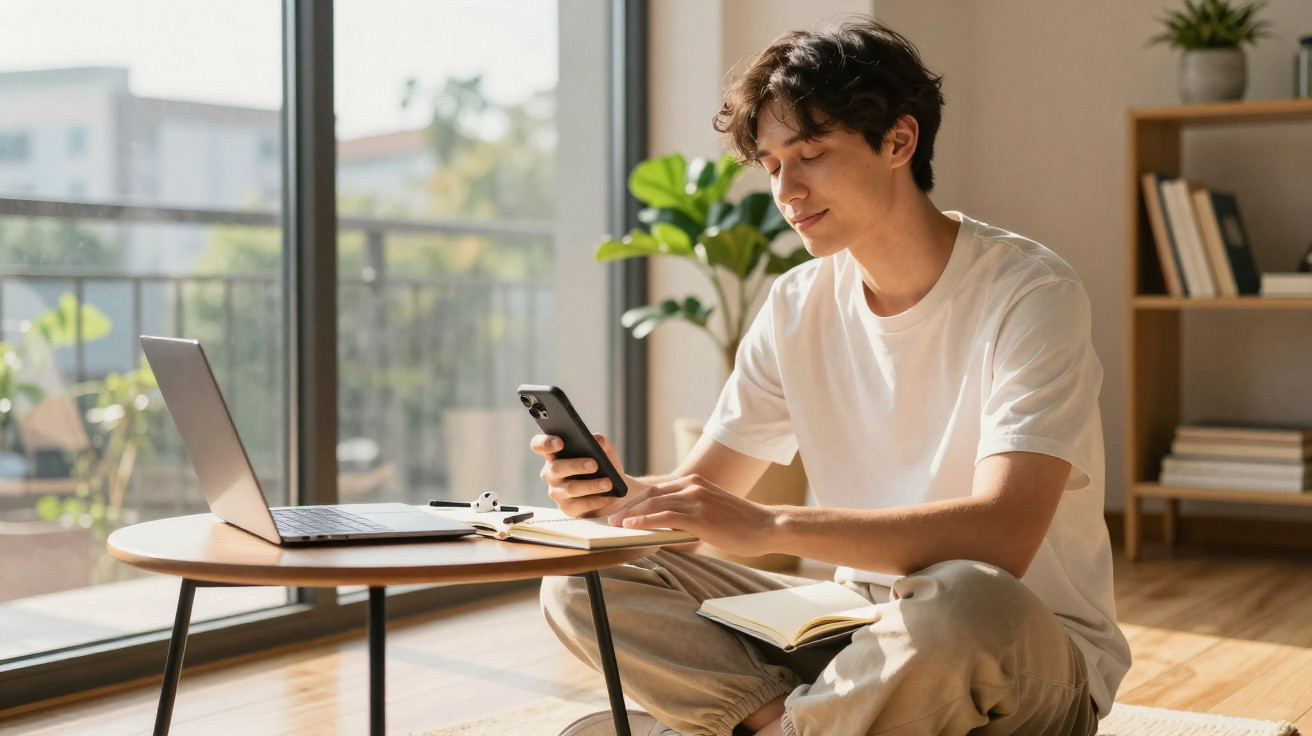 Jovem sentado no chão a usar telemóvel e computador portátil numa sala iluminada e acolhedora.