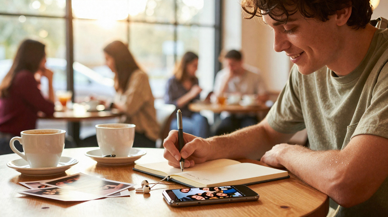 Jovem sentado numa mesa de café a escrever num caderno com fotografias, auscultadores e telemóvel à frente.
