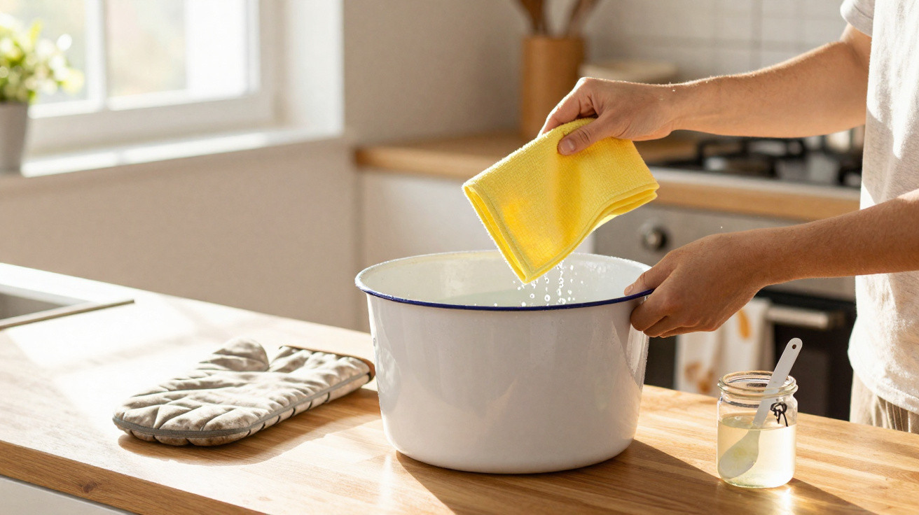Mãos a salgar um alimento numa tigela branca na cozinha iluminada com pano amarelo e frasco ao lado.