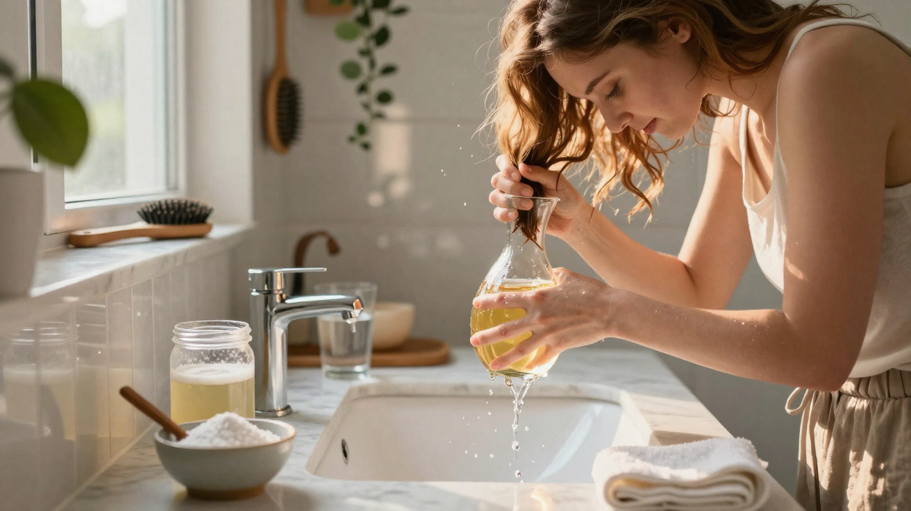 Mulher a lavar o cabelo com shampoo caseiro num lavatório em casa, luz natural.