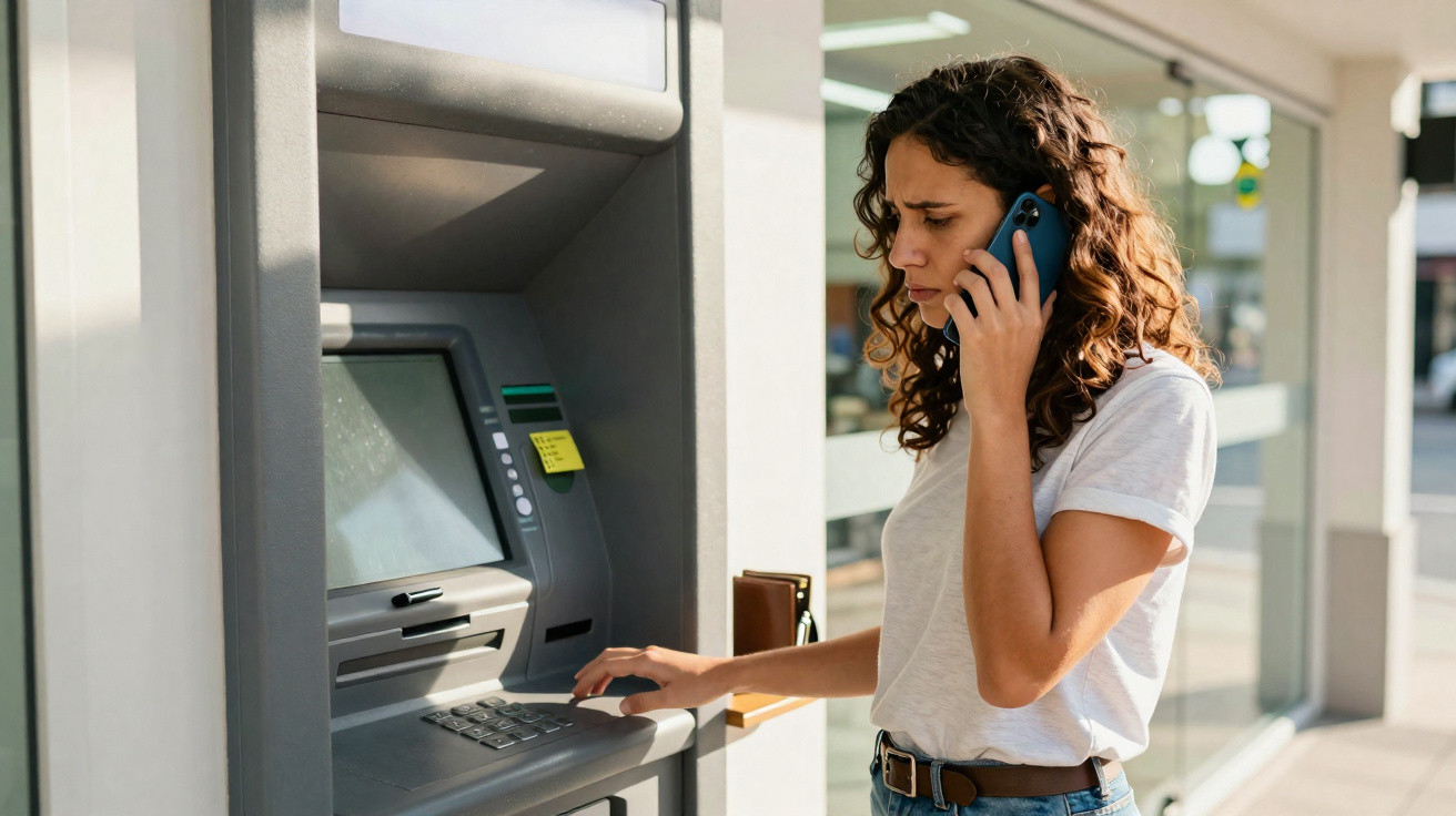 Mulher preocupada a usar um telemóvel enquanto interage com um multibanco ao ar livre.