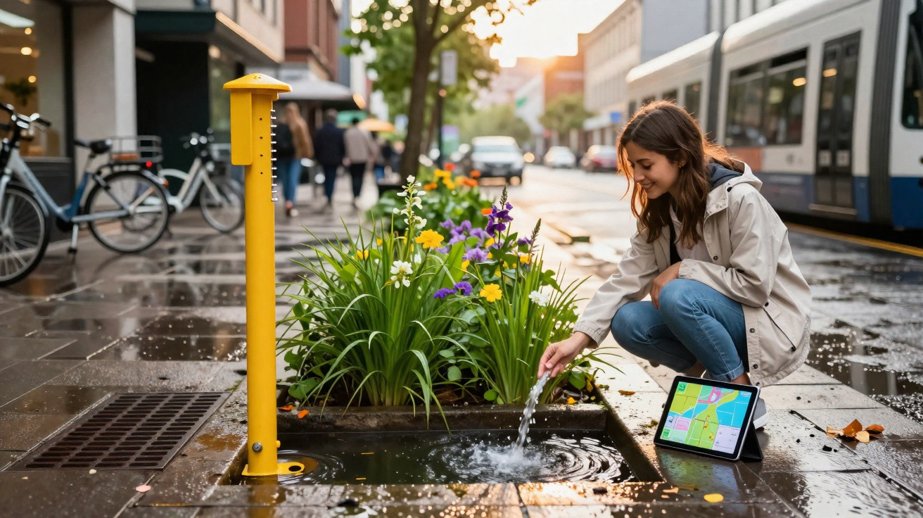 Mulher agachada junto a uma ribeira urbana com flores, a usar água, com um tablet no chão ao lado.