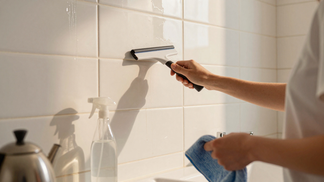 Pessoa a limpar azulejos com esfregona e pano azul numa cozinha bem iluminada.