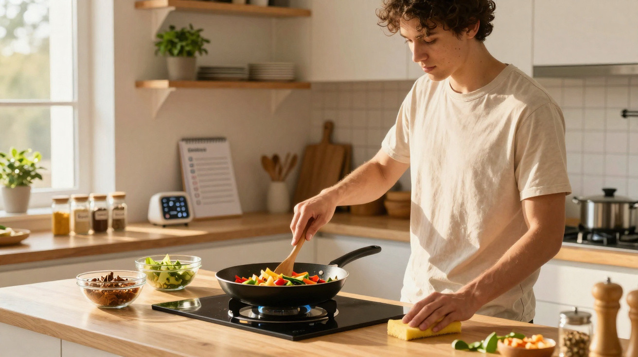 Jovem a cozinhar legumes numa frigideira, numa cozinha moderna com muita luz natural.