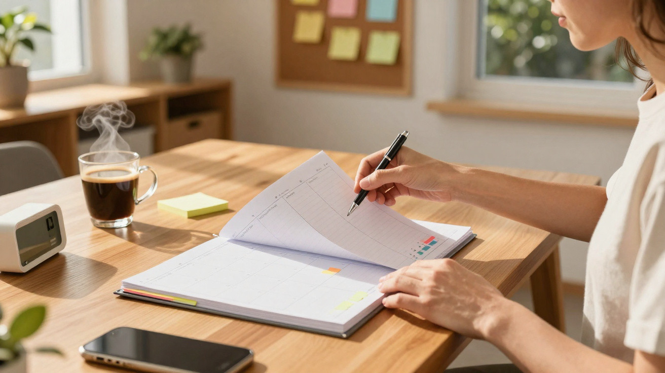 Pessoa a planear a agenda numa mesa com café, smartphone e relógio digital ao lado, em ambiente iluminado.