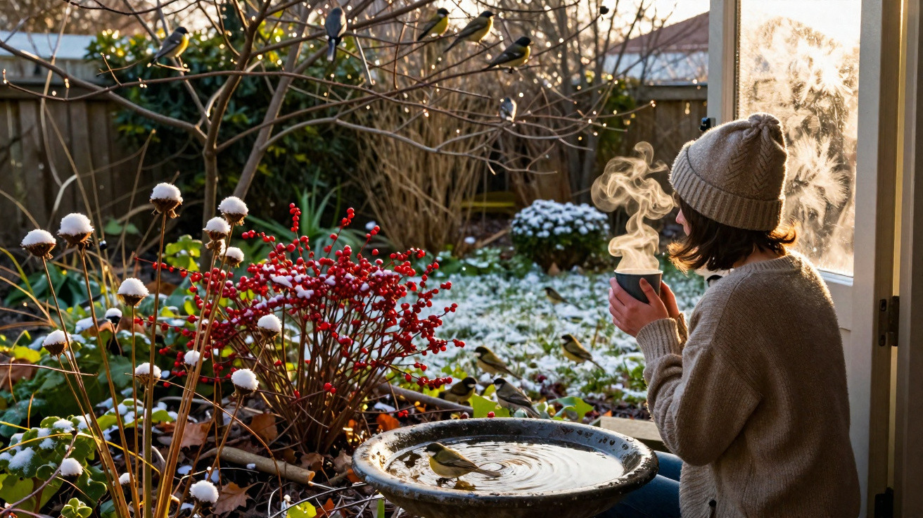 Pessoa de gorro e camisola cinzentos segura chá quente num jardim com aves, bagas vermelhas e neve suave.