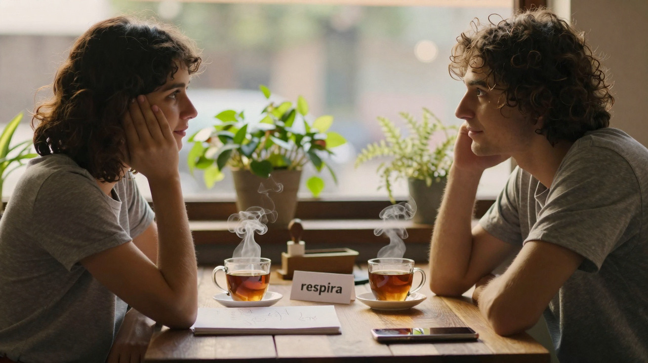 Duas pessoas a olhar-se sentadas à mesa com chá quente e a palavra "respira" a meio da mesa.