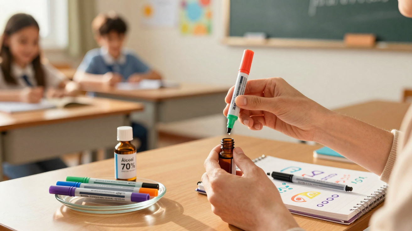 Mãos a misturar marcador com álcool 70% para criar tinta em sala de aula com crianças ao fundo.
