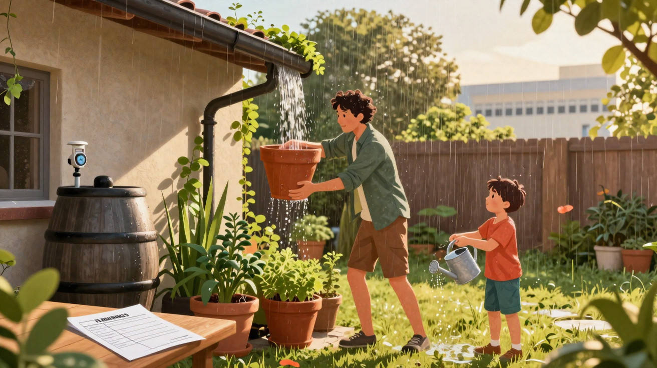 Homem e menino a regar plantas num jardim com noite a chover num ambiente ensolarado.