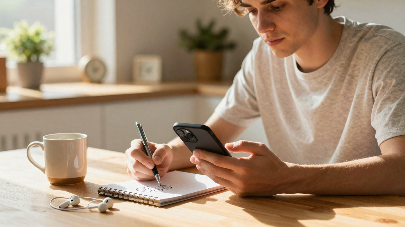 Jovem a desenhar numa agenda enquanto consulta o telemóvel numa mesa com chávena e auriculares.