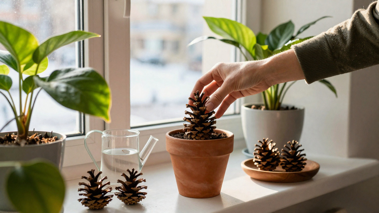 Mão a colocar uma pinha num vaso de barro junto a plantas e regador numa janela iluminada.