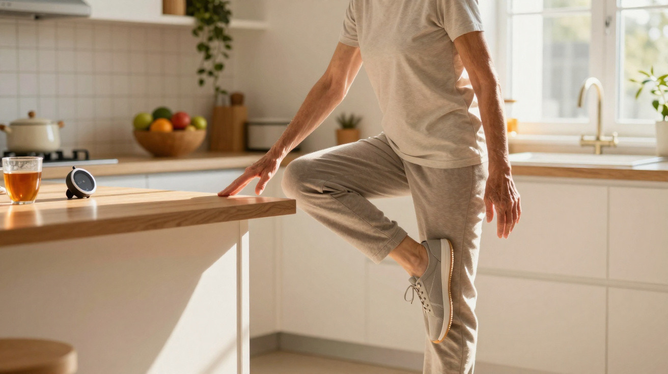 Pessoa a praticar equilíbrio numa perna na cozinha moderna com chá e dispositivo inteligente na bancada.