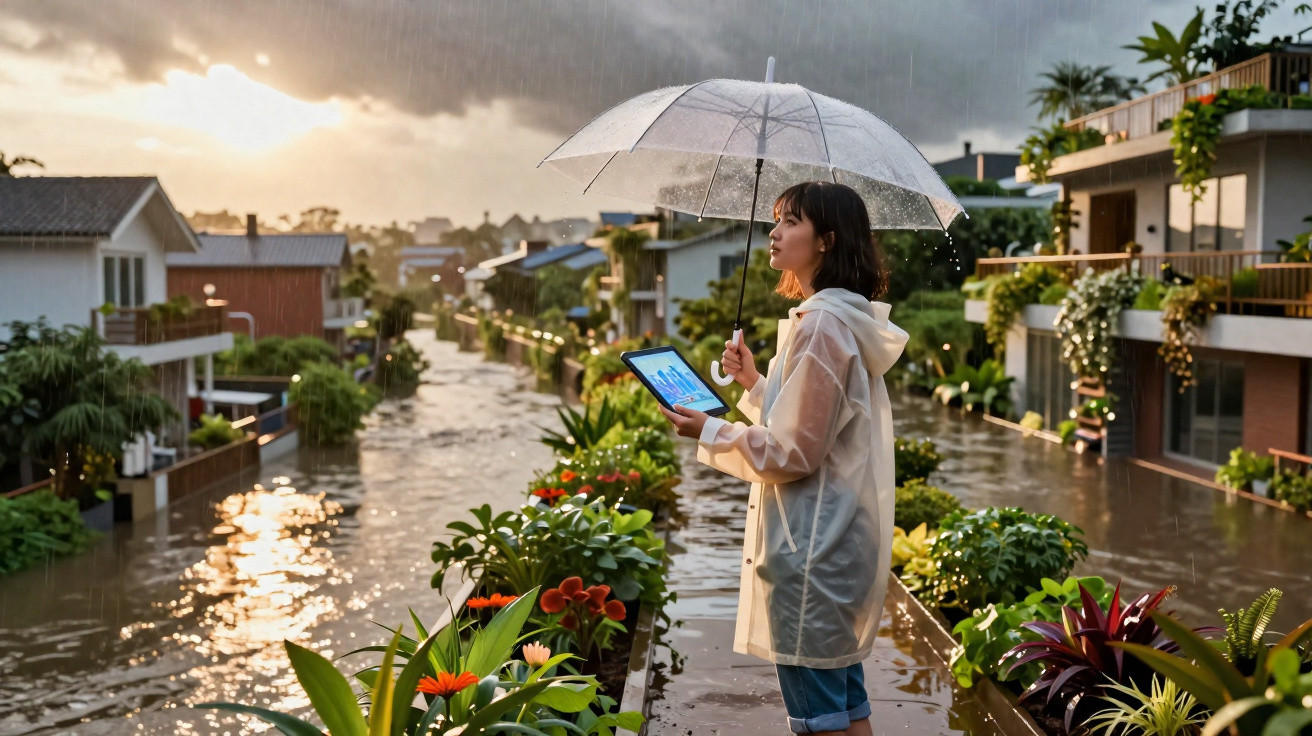 Mulher de impermeável segura guarda-chuva e tablet em rua alagada, com casas e plantas ao redor durante chuva.