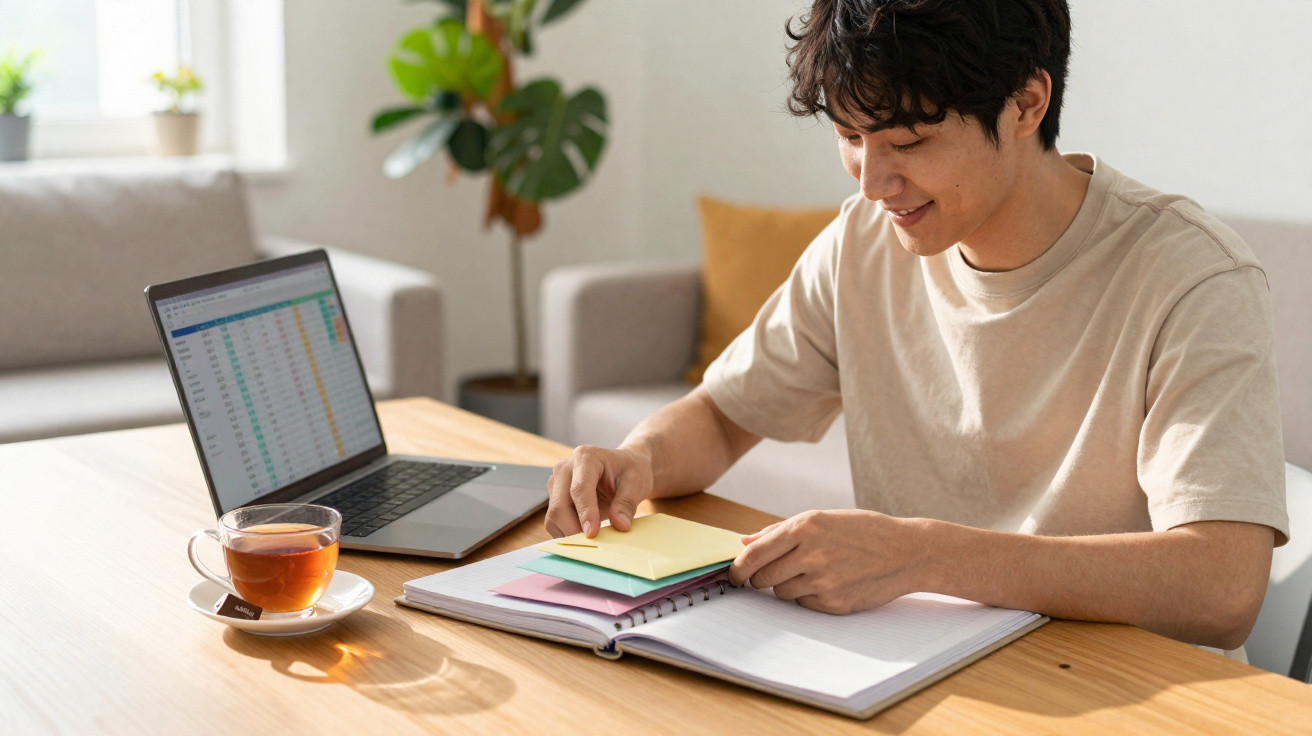 Jovem a estudar com fichas e computador numa mesa, com chá ao lado, em ambiente luminoso e confortável.
