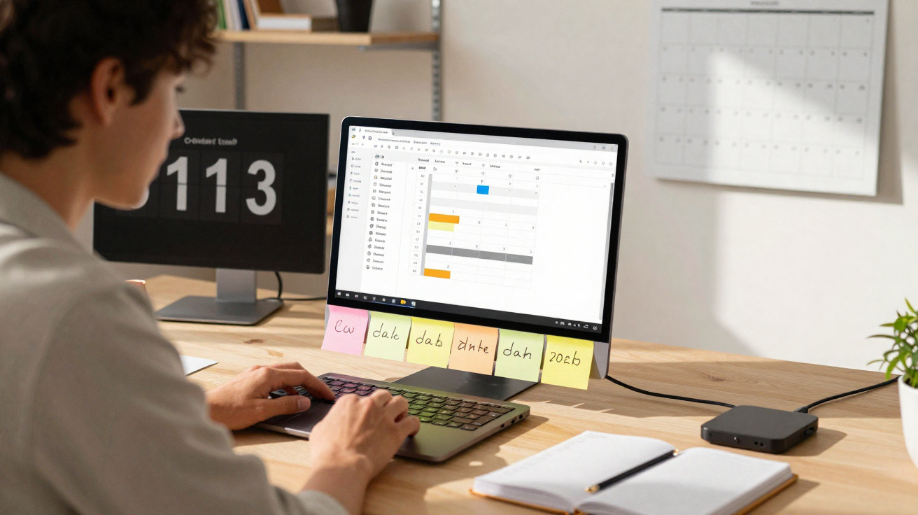 Pessoa a trabalhar num computador com notas autocolantes coloridas e um calendário na parede.