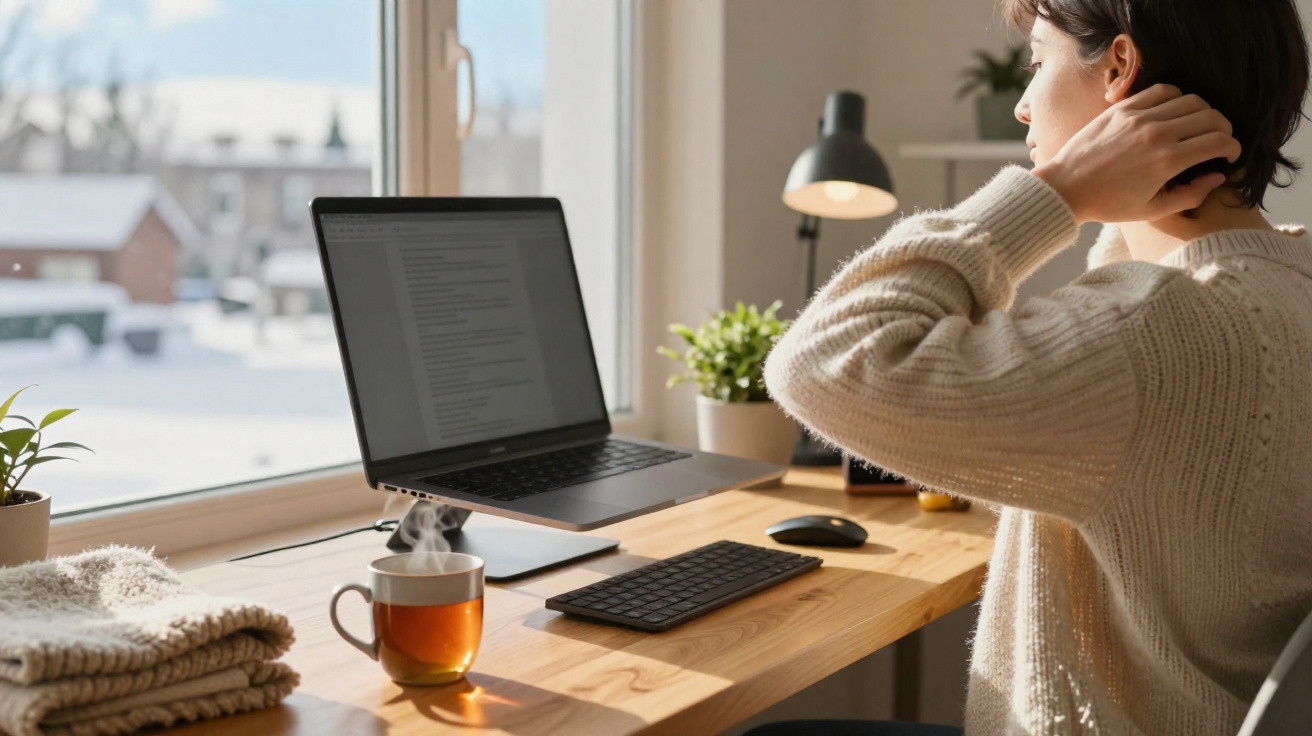 Mulher a trabalhar num computador portátil junto a uma janela com vista para neve, com chá quente numa mesa de madeira.