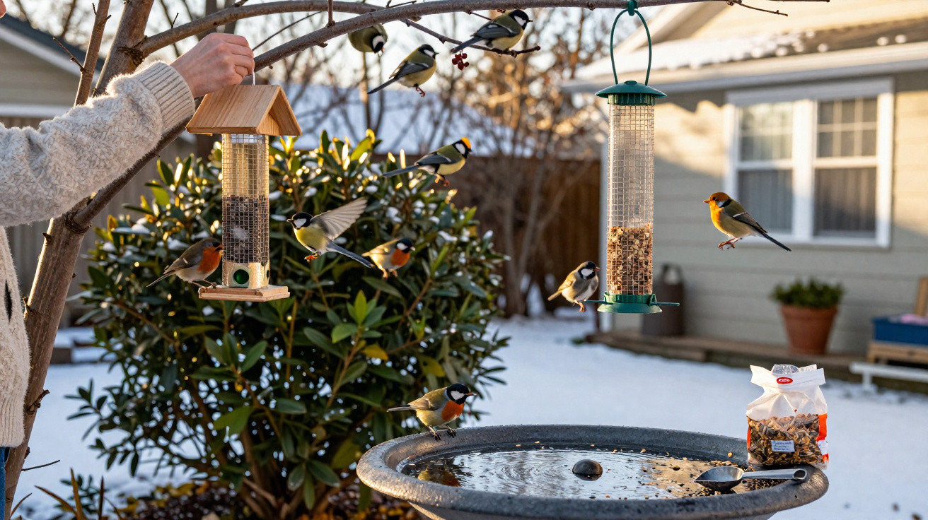 Pessoas a alimentar pássaros em comedouros pendurados num jardim com neve e arbustos ao fundo.