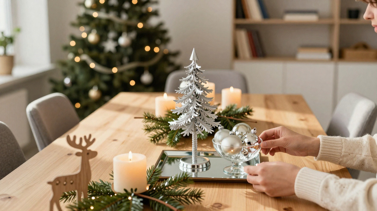 Mesa de madeira decorada com árvore, velas, enfeites natalícios e pessoa a arranjar bolas de Natal.