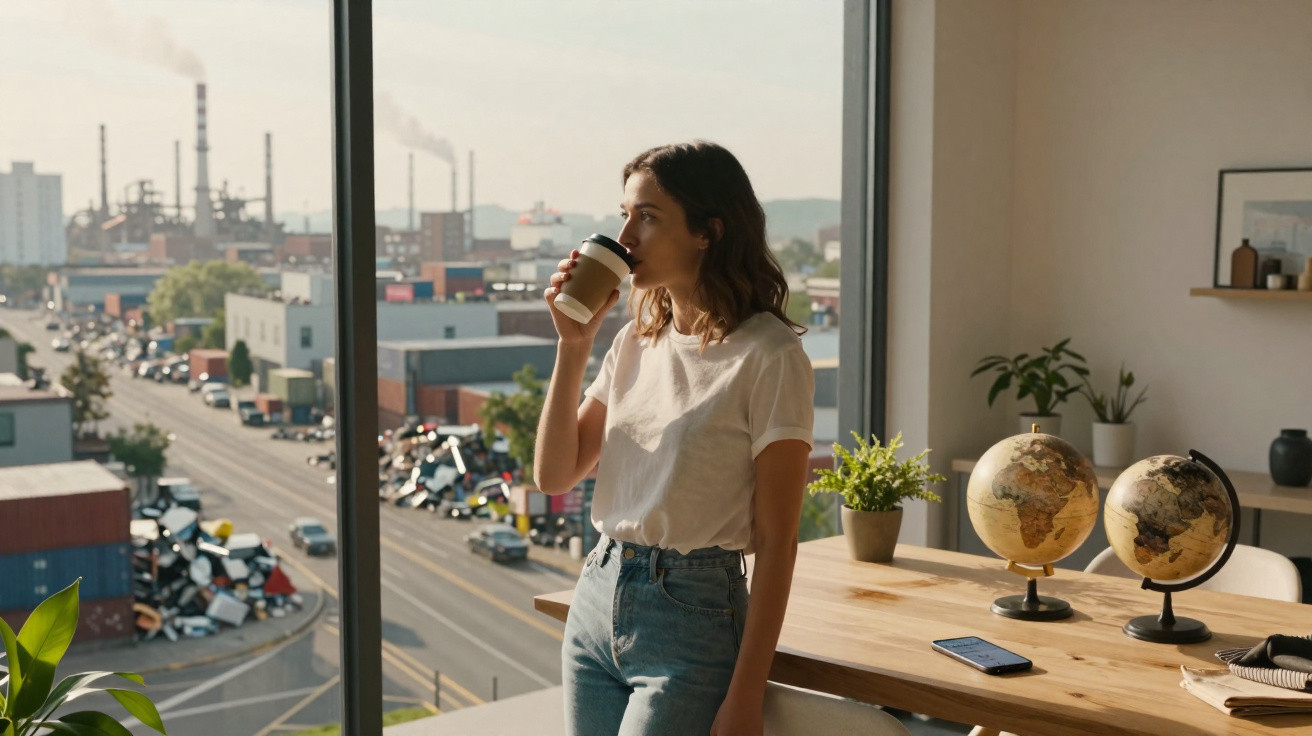 Mulher de pé junto a janela numa sala, a beber café e a olhar para a cidade industrial lá fora.