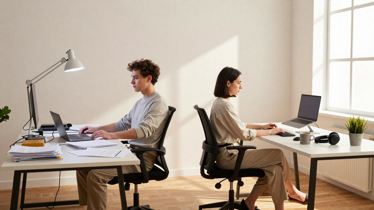 Dois jovens sentados frente a frente em secretárias separadas a trabalhar em computadores portáteis num escritório iluminado.