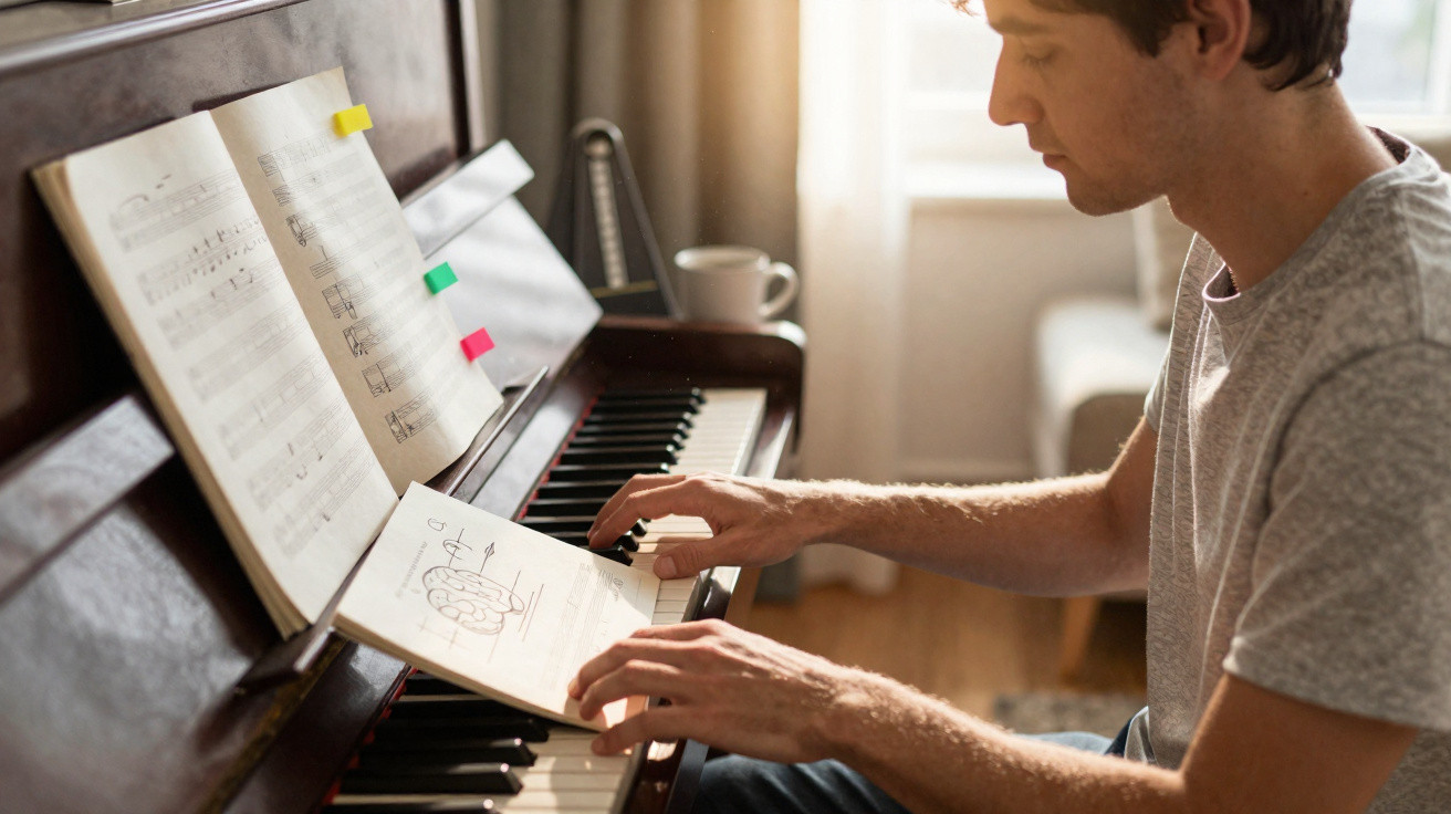 Homem a tocar piano enquanto olha notas musicais e diagrama num caderno numa sala iluminada.