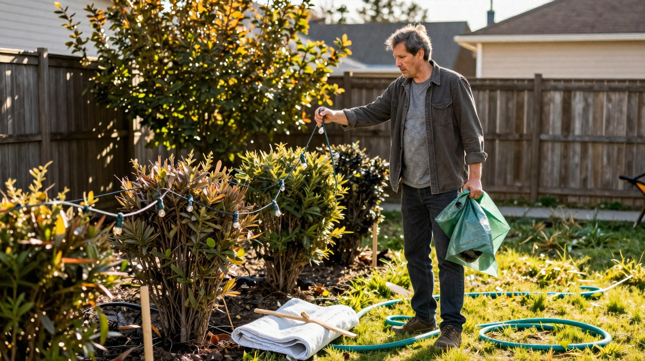 Homem a cuidar de plantas num jardim com mangueira e luzes decorativas ao entardecer.