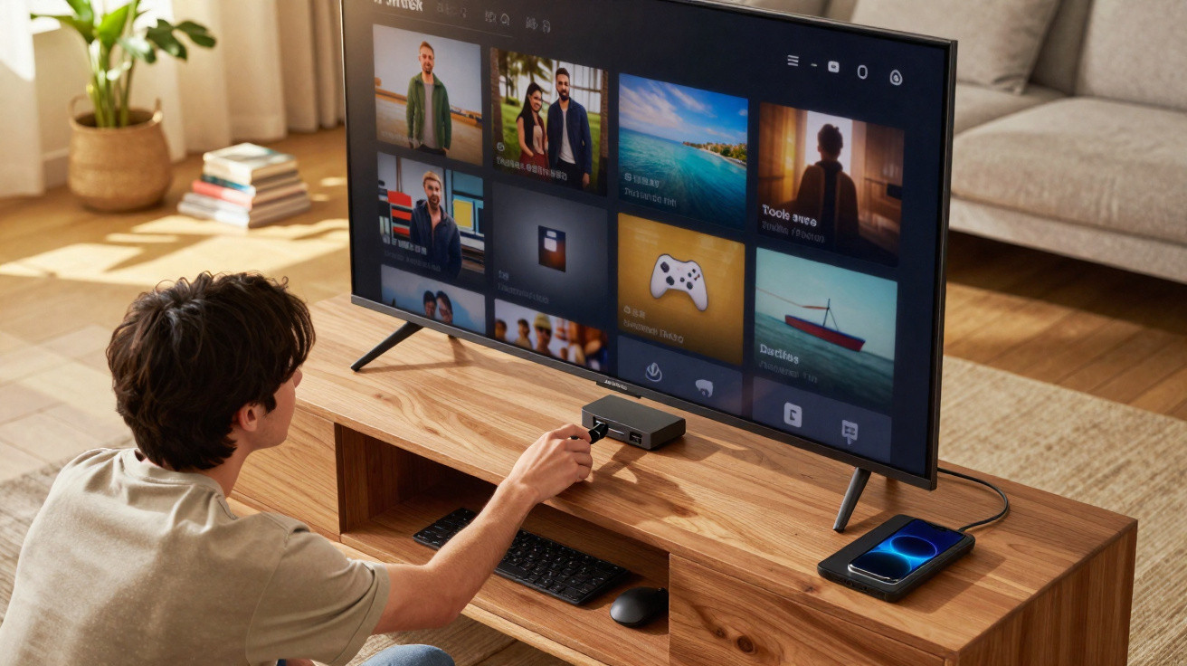 Homem controla sistema multimédia numa TV grande num ambiente acolhedor com sofá e planta.