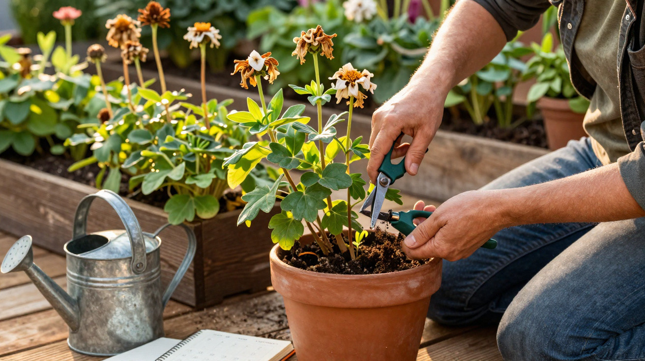 Pessoa a podar planta em vaso de barro com tesoura, regador e flores secas ao fundo num jardim.