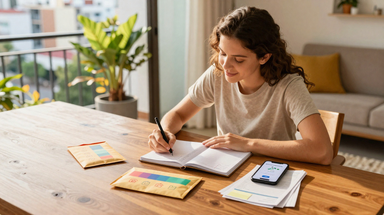 Mulher sorridente a escrever num caderno numa mesa com envelopes e telemóvel num ambiente luminoso.
