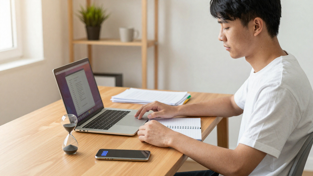 Jovem sentado a estudar com laptop, caderno, telefone e ampulheta numa mesa de madeira clara.