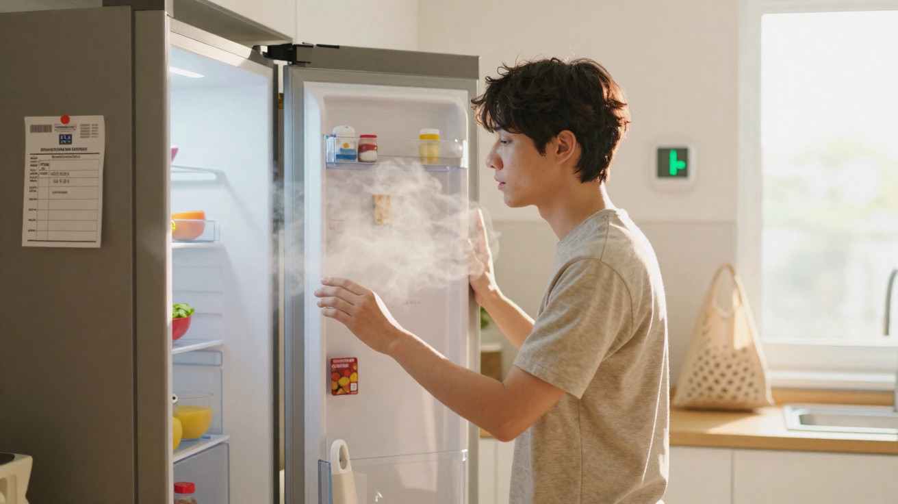 Jovem abre frigorífico com vapor a sair, numa cozinha moderna e iluminada por luz natural.