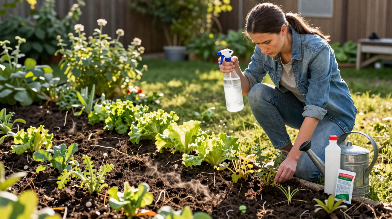 Mulher a regar e cuidar das plantas numa horta caseira num jardim ensolarado durante o dia.