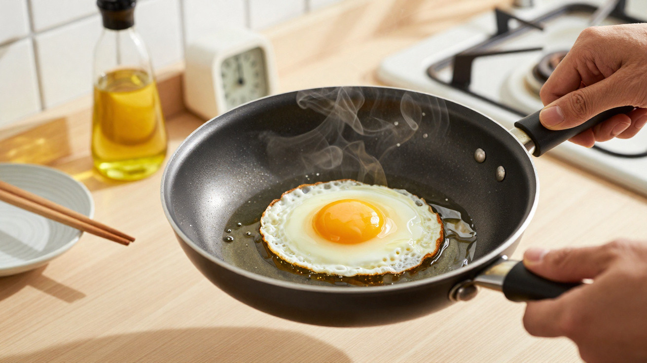 Ovos estrelados a cozinhar numa frigideira preta com óleo numa cozinha clara.