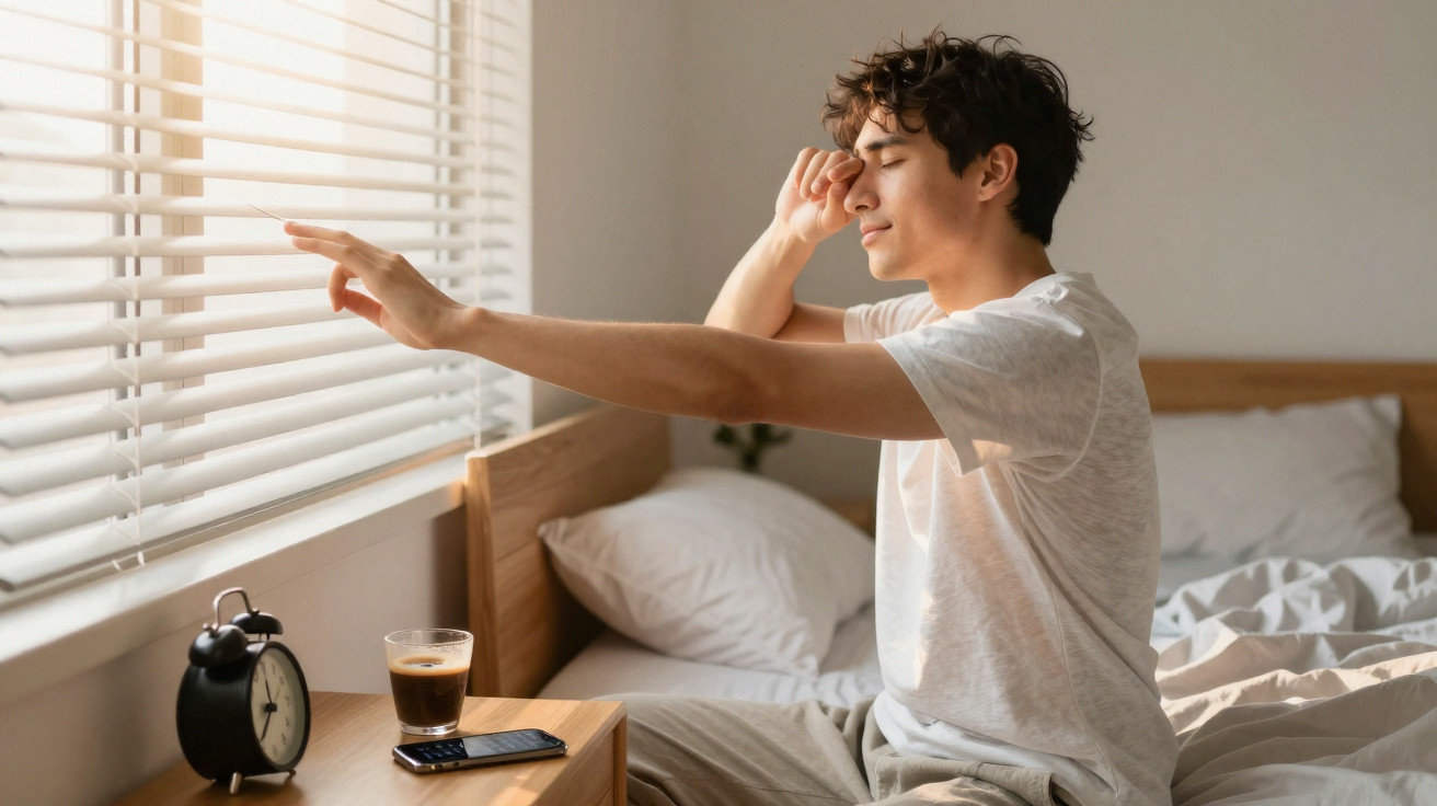 Jovem acorda na cama, estica o braço para abrir as persianas, com relógio, café e telemóvel na mesa ao lado.