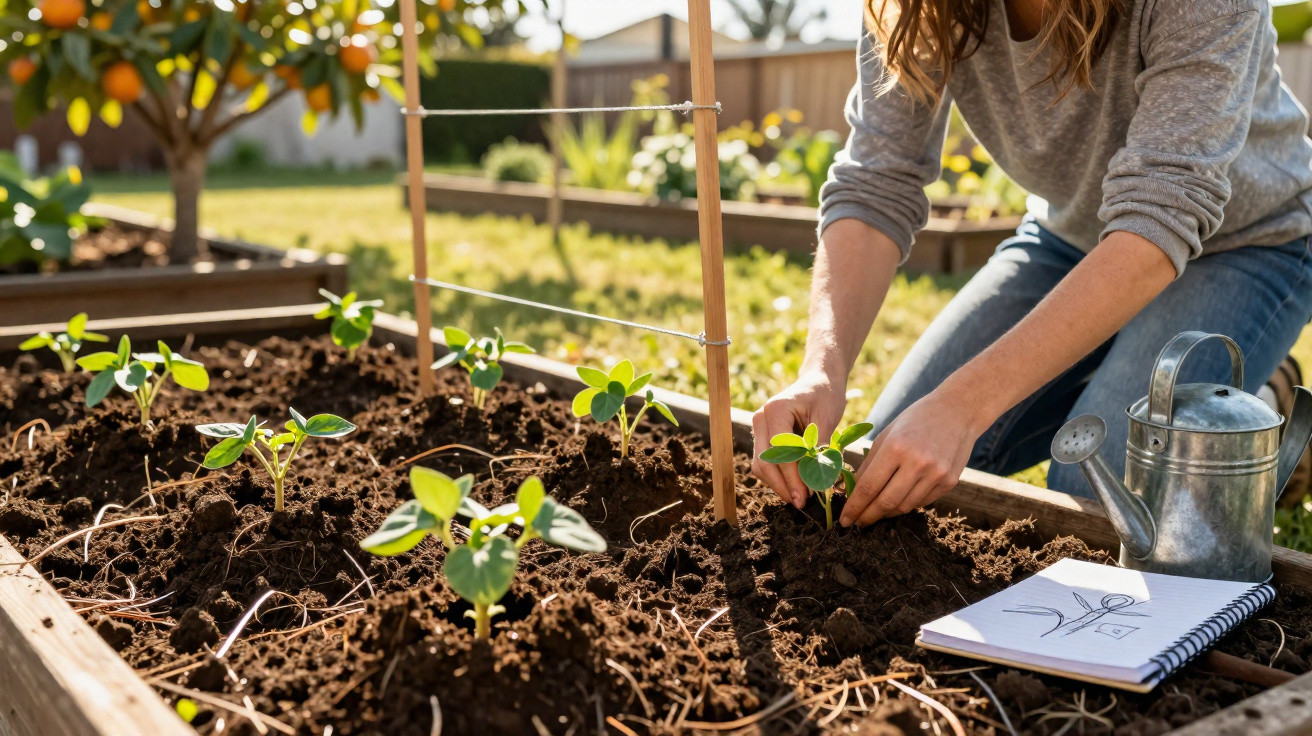 Pessoa a plantar mudas num canteiro de jardim com regador metálico e caderno de desenho ao lado.