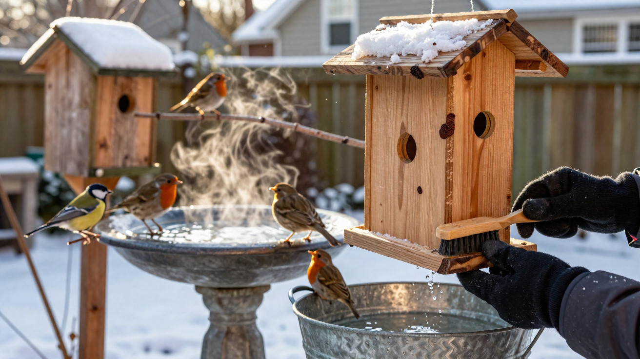 Pessoas com luvas limpam uma casa de pássaros de madeira coberta de neve, enquanto aves pousam próximas em dias frios.
