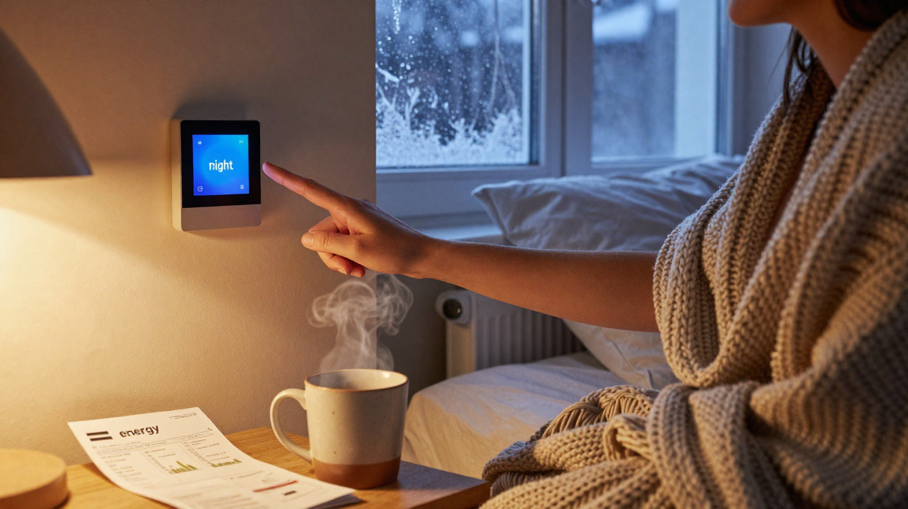 Pessoa em casa ajusta termostato digital, com chá quente e janela com geada ao fundo.