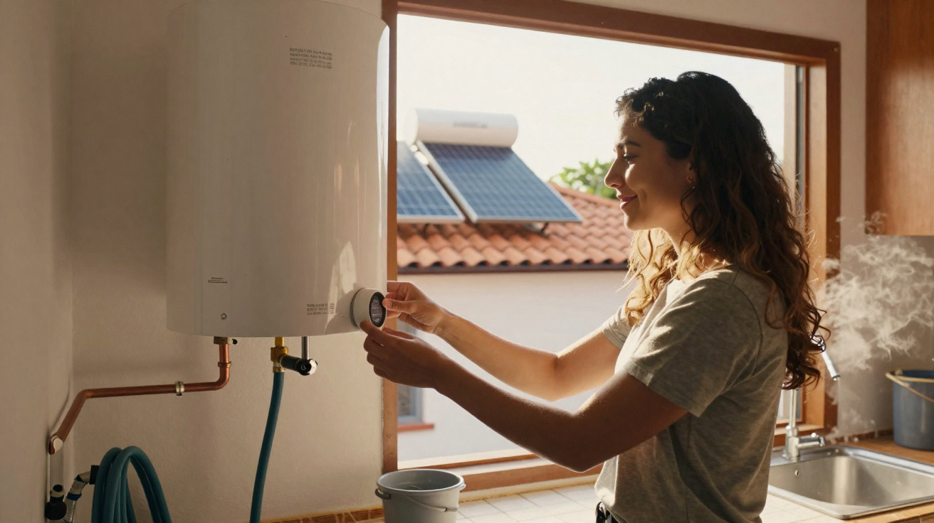 Mulher ajusta termóstato de aquecedor de água com painéis solares visíveis pela janela.