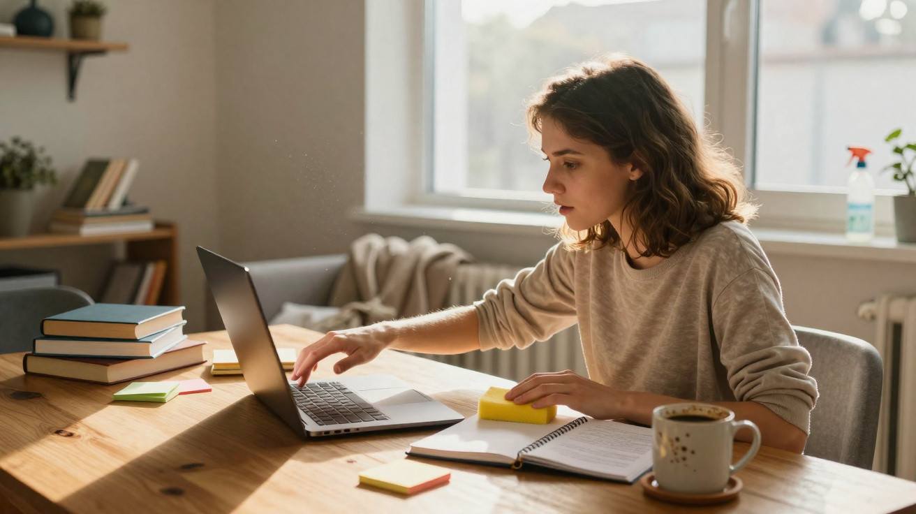Mulher jovem a trabalhar concentrada num computador portátil numa mesa com cadernos e café.