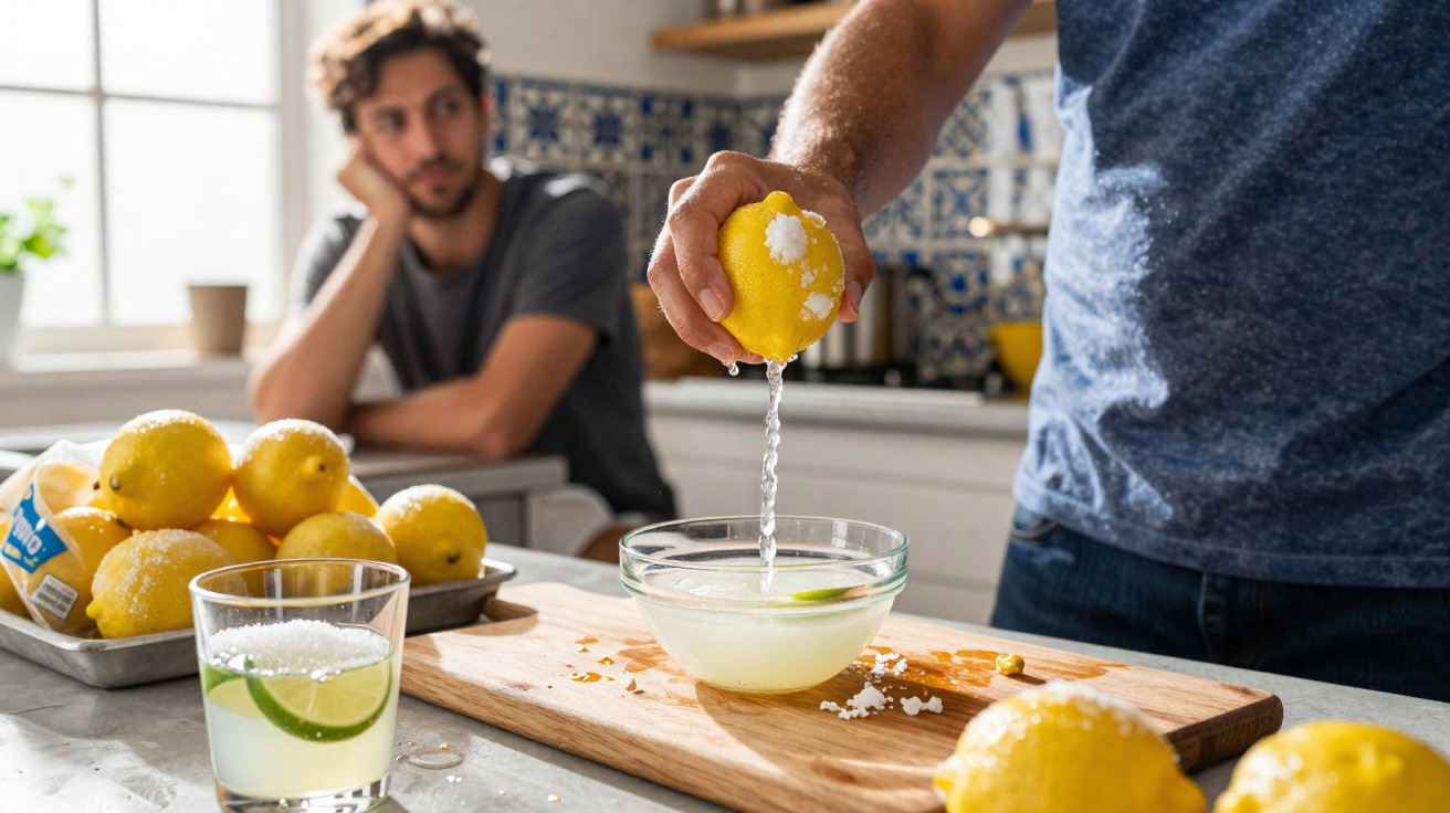 Pessoa a espremer limão para uma tigela numa cozinha, com outra pessoa ao fundo a observar.