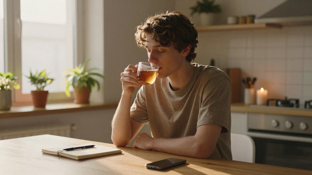 Jovem sentado a uma mesa numa cozinha, a beber chá de uma chávena transparente.