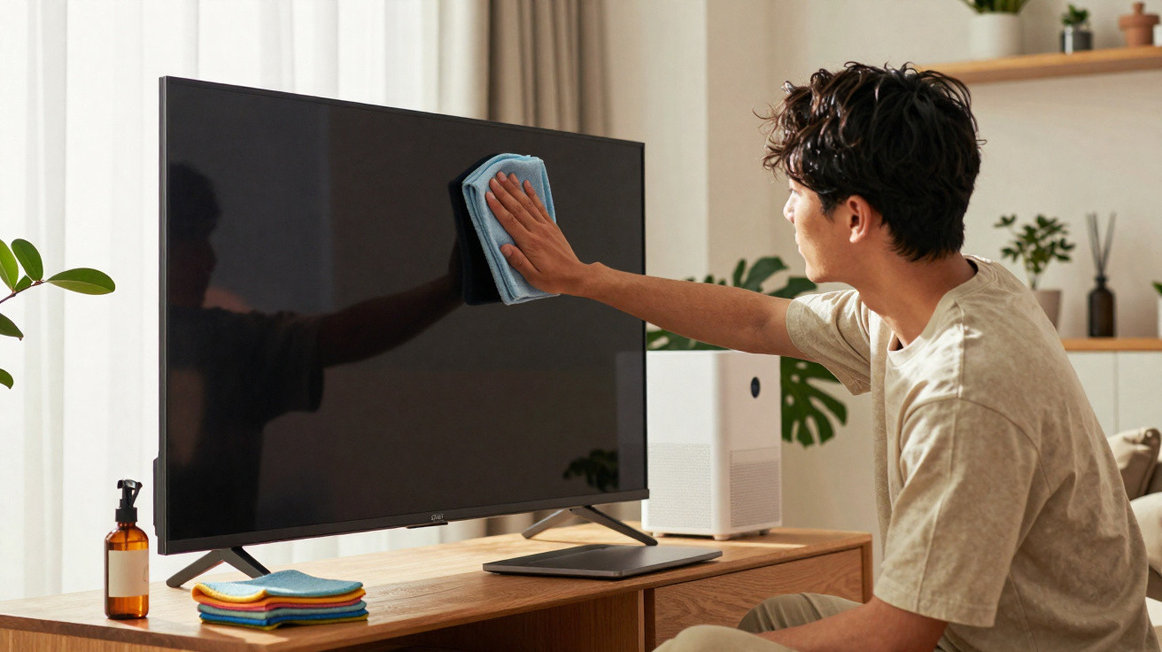 Homem sentado limpa ecrã da televisão com pano azul numa sala iluminada e moderna.